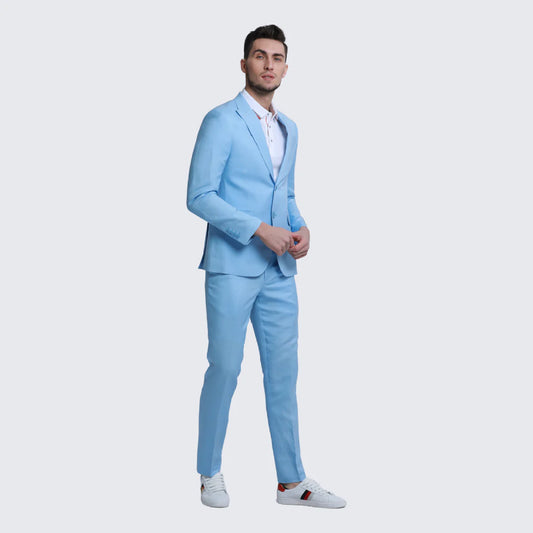 Baby Blue Linen Suit Slim Fit Two Piece Set - Wedding - Prom
