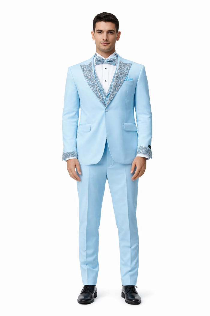 Baby Blue Prom Tuxedo - Perfect Wedding Suit Vested rhinestone sequin Lapelled