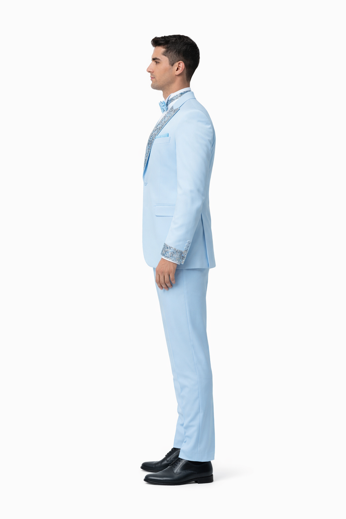 Baby Blue Prom Tuxedo - Perfect Wedding Suit Vested rhinestone sequin Lapelled