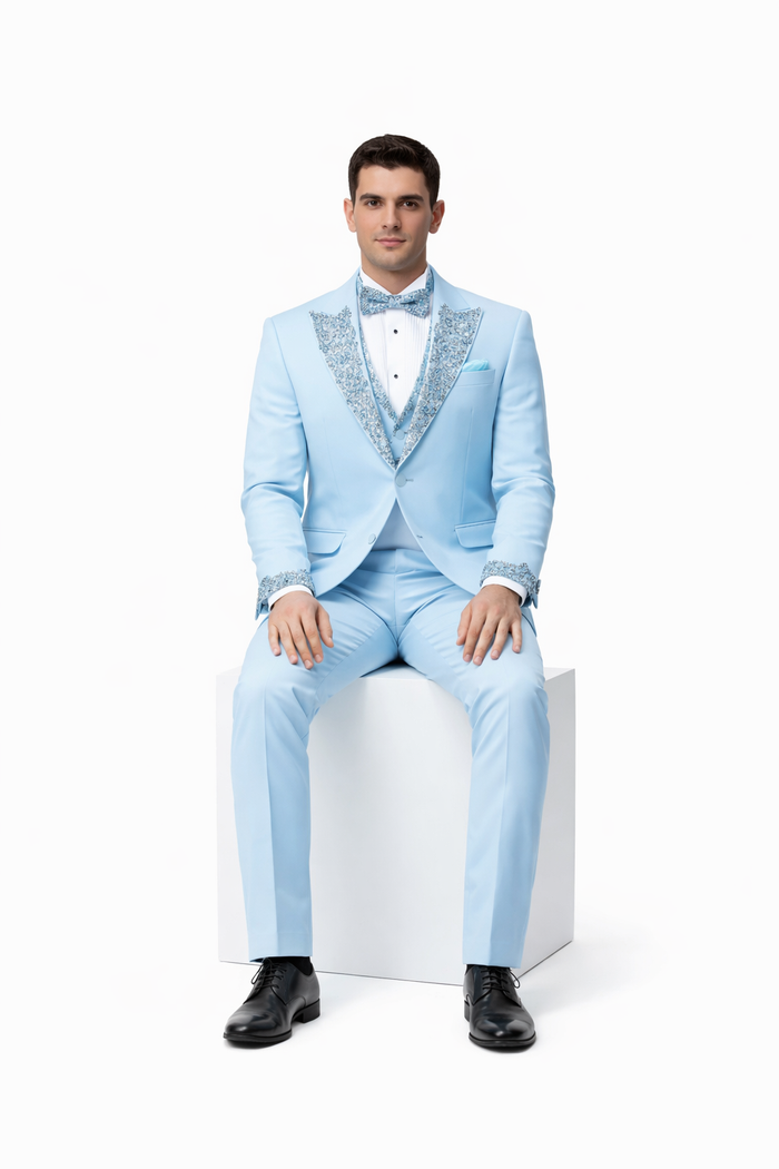Baby Blue Prom Tuxedo - Perfect Wedding Suit Vested rhinestone sequin Lapelled