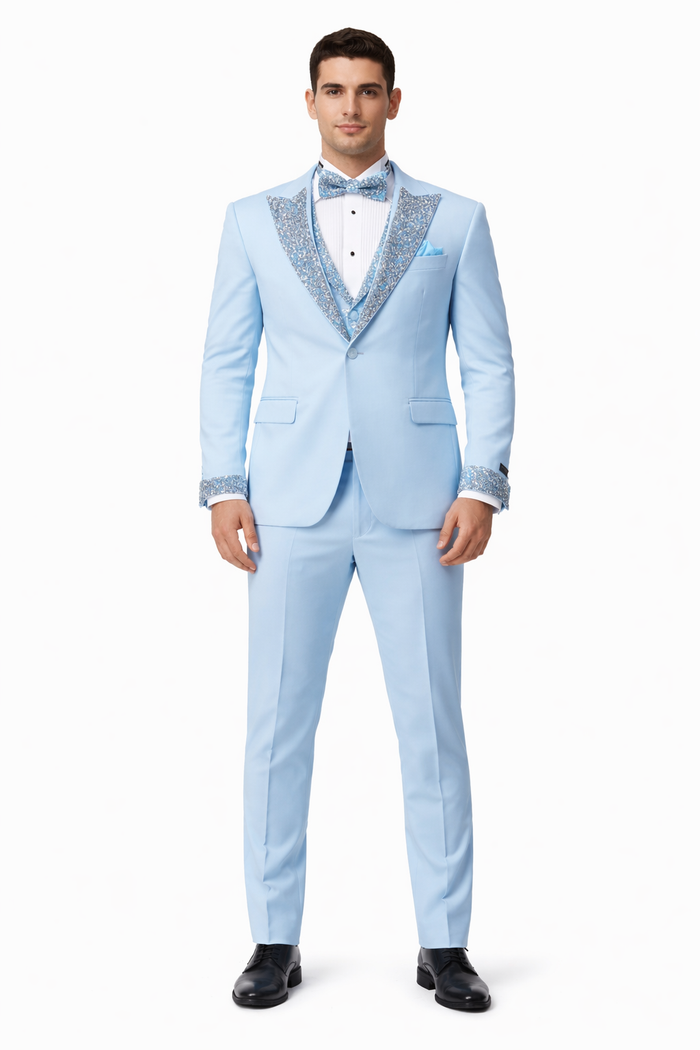 Baby Blue Prom Tuxedo - Perfect Wedding Suit Vested rhinestone sequin Lapelled