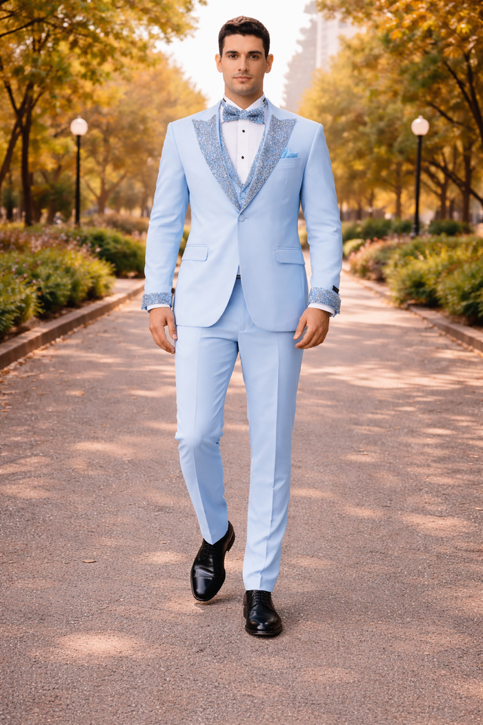 Baby Blue Prom Tuxedo - Perfect Wedding Suit Vested rhinestone sequin Lapelled