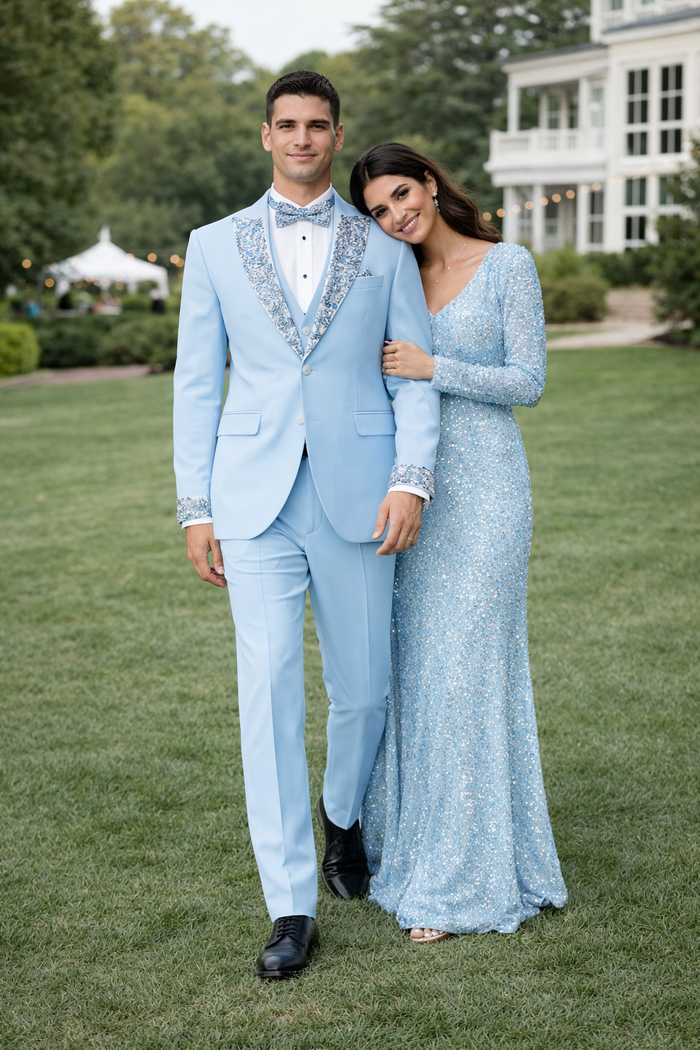 Baby Blue Prom Tuxedo - Perfect Wedding Suit Vested rhinestone sequin Lapelled