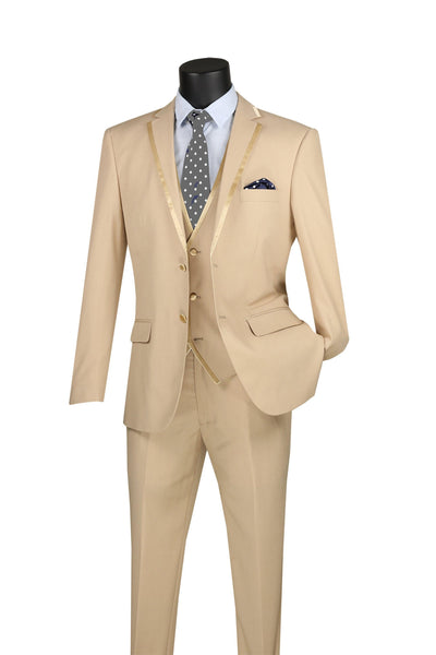 Beige Trimmed Lapel Slim Fit 3 Piece Suit 1 SO1SV2T-8_BEIGE_36S  - from alligatorwarehouse.com