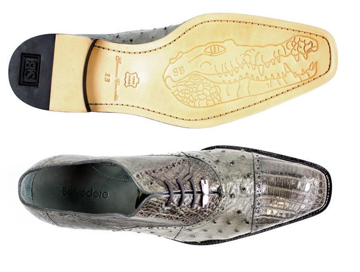 Belvedere  Men's Gray Ostrich Crocodile Shoes Cap Toe Onesto