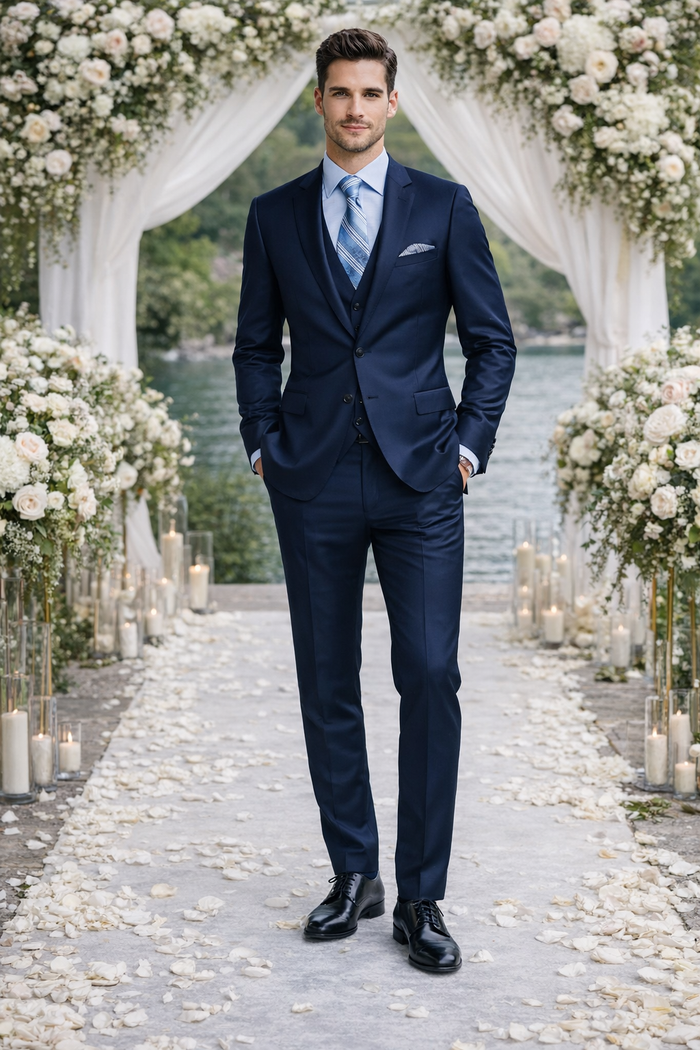 Bertolini 3 Piece Wool/Silk Solid Navy Suit