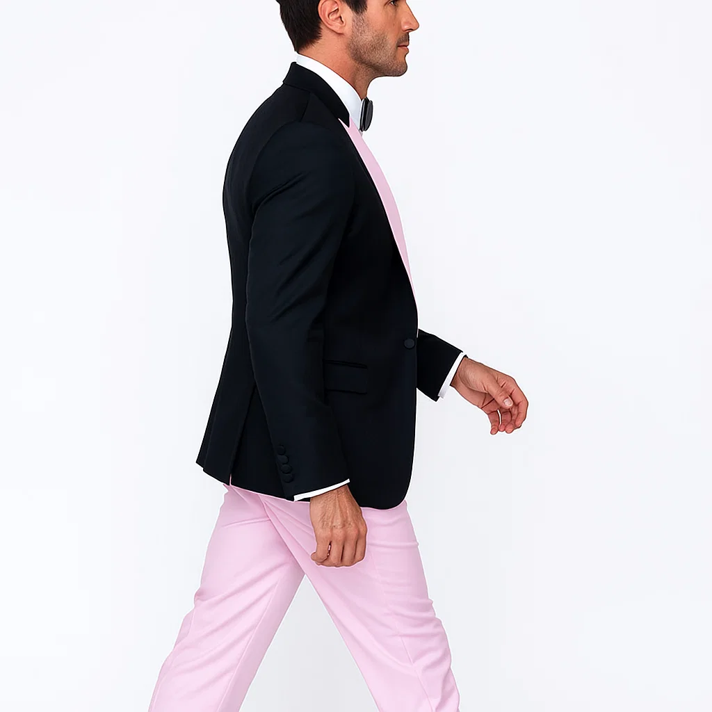 Black And Pink suit - Tuxedo Looking With Double Breasted Vest Peak Lapel 100% Wool