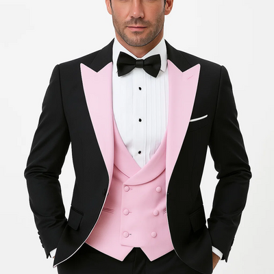 Black And Pink suit - Tuxedo Looking With Double Breasted Vest Peak Lapel 100% Wool 1   - from alligatorwarehouse.com