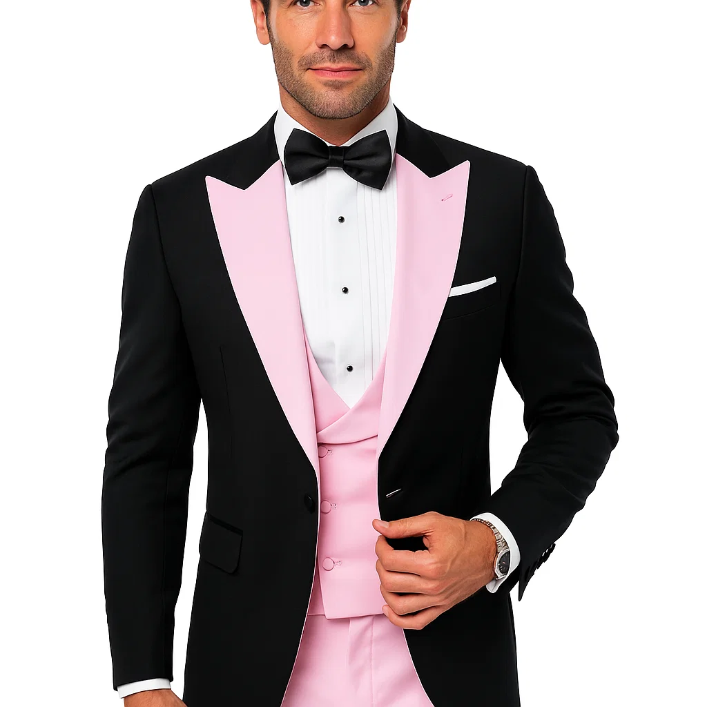 Black And Pink suit - Tuxedo Looking With Double Breasted Vest Peak Lapel 100% Wool