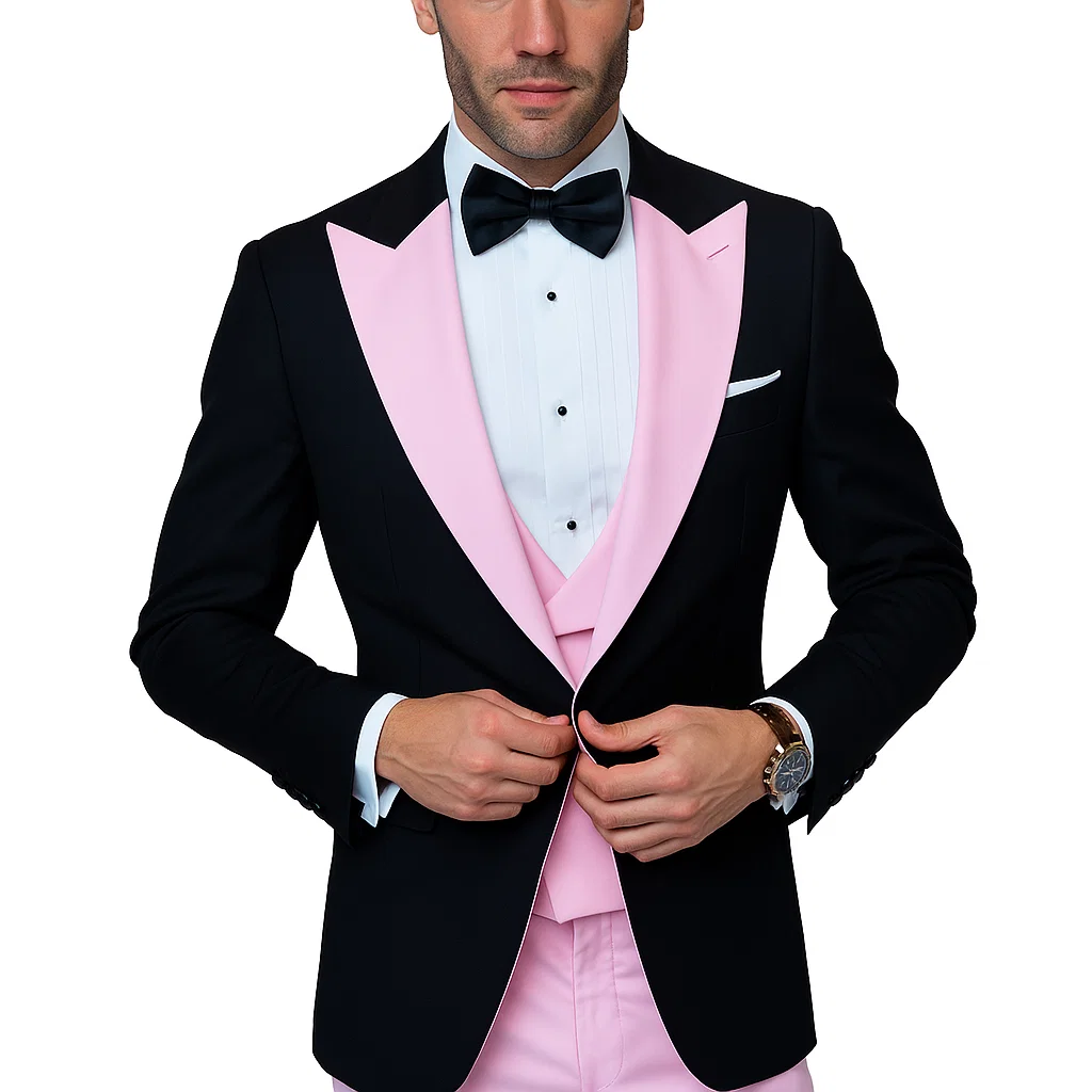 Black And Pink suit - Tuxedo Looking With Double Breasted Vest Peak Lapel 100% Wool