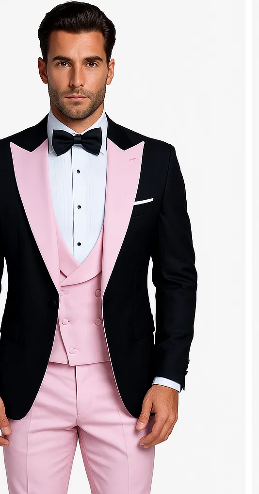 Black And Pink suit - Tuxedo Looking With Double Breasted Vest Peak Lapel 100% Wool 7   - from alligatorwarehouse.com