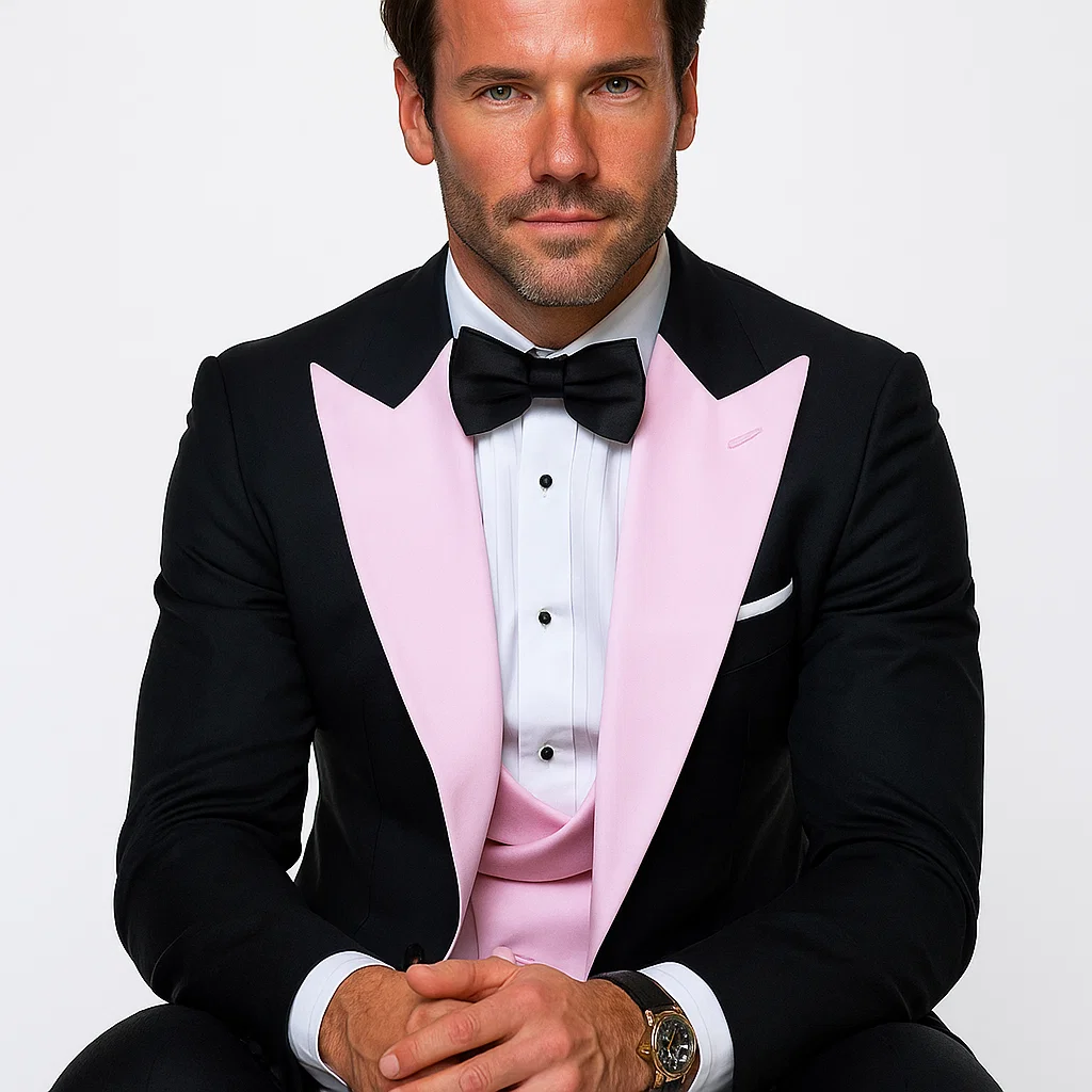 Black And Pink suit - Tuxedo Looking With Double Breasted Vest Peak Lapel 100% Wool