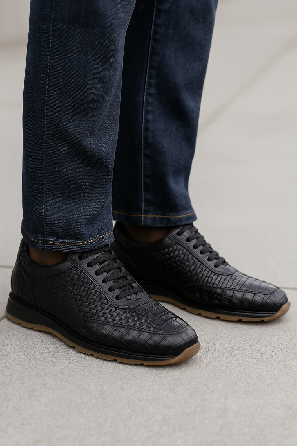 Marco Di Milano Roma Men Shoe Black Genuine Caiman Crocodile / Woven Leather Fashion Sneakers