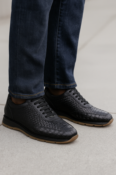 Marco Di Milano Roma Men's Shoes Black Genuine Caiman Crocodile / Woven Leather Fashion Sneakers 7 ROMA_CAIMAN FUSCUS_BLACK_8  - from alligatorwarehouse.com