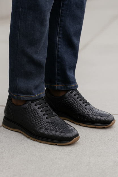 Marco Di Milano Roma Men Shoe Black Genuine Caiman Crocodile / Woven Leather Fashion Sneakers