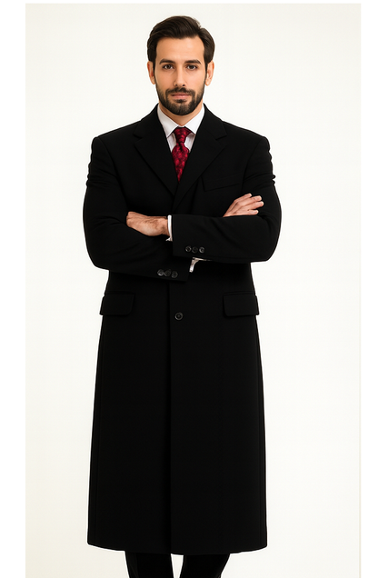 Black Cashmere Chesterfield Overcoat – 1920s Full Length Topcoat