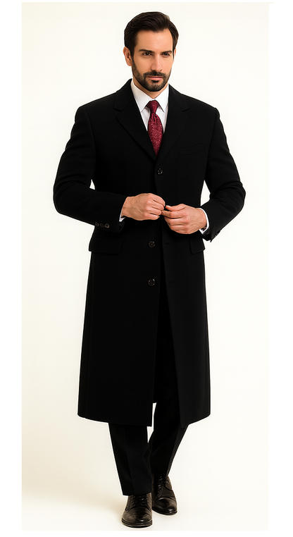 Black Cashmere Chesterfield Overcoat – 1920s Full Length Topcoat