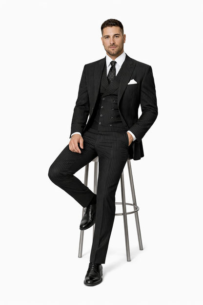 Mens Gangster Pinstripe 2 Button Double Breasted Vest Grey Suit