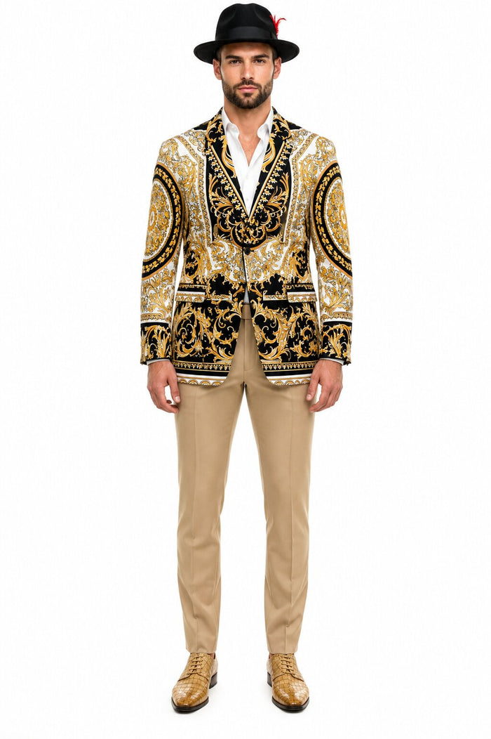 Men’s Black and Gold Baroque Blazer with Matching Pants, Hat, and Shoes – Luxury Party and Wedding Outfit Set