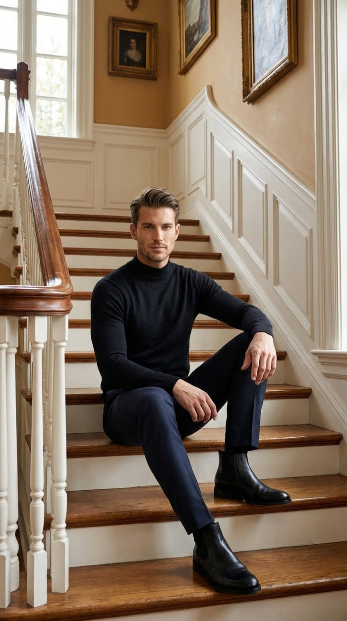 Black mock neck sweater pullover for men – cotton blend long sleeve knit