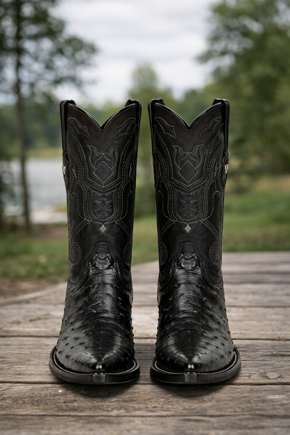 Black Pointed Toe Ostrich Boots
