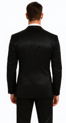 Black Satin Double Breasted Peak Lapel 3 Piece Skinny Fit Tazzio Men's Suit with Matching Bowtie