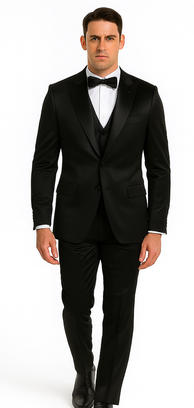 Black Satin Double Breasted Peak Lapel 3 Piece Skinny Fit Tazzio Men's Suit with Matching Bowtie 5 M390SK-06-38R  - from alligatorwarehouse.com