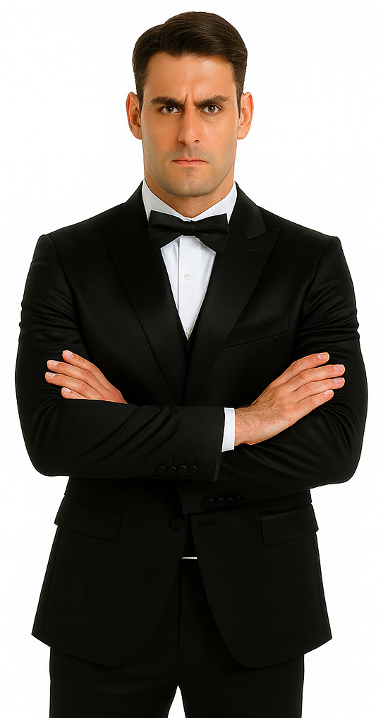 Black Satin Double Breasted Peak Lapel 3 Piece Skinny Fit Tazzio Men's Suit with Matching Bowtie