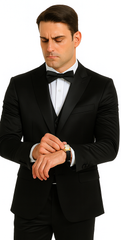 Black Satin Double Breasted Peak Lapel 3 Piece Skinny Fit Tazzio Men's Suit with Matching Bowtie
