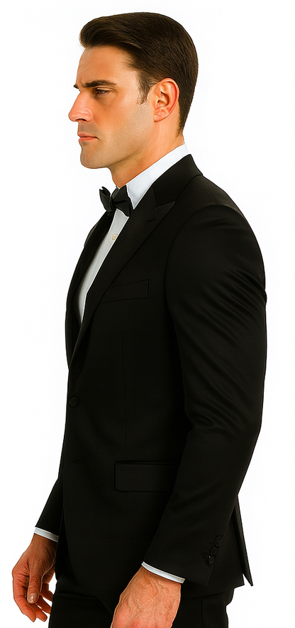 Black Satin Double Breasted Peak Lapel 3 Piece Skinny Fit Tazzio Men's Suit with Matching Bowtie