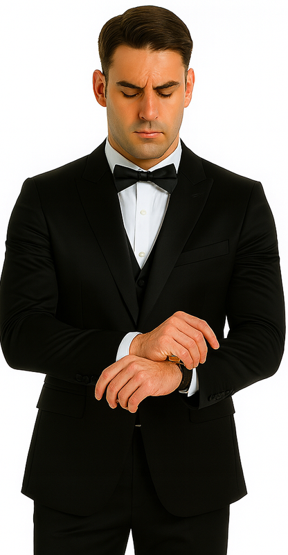 Black Satin Double Breasted Peak Lapel 3 Piece Skinny Fit Tazzio Men's Suit with Matching Bowtie