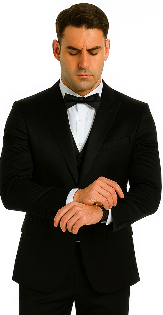 Black Satin Double Breasted Peak Lapel 3 Piece Skinny Fit Tazzio Men's Suit with Matching Bowtie