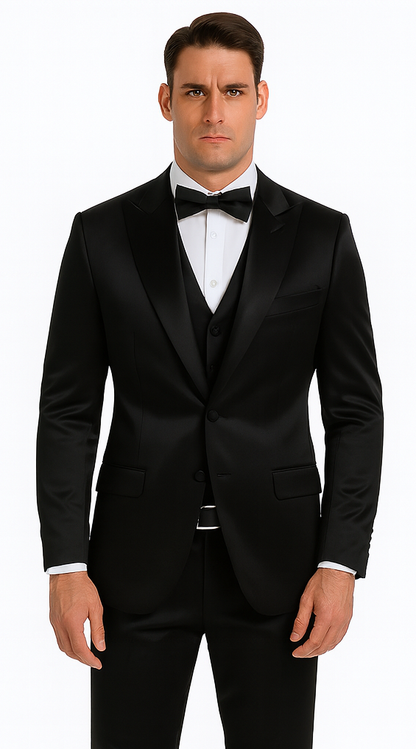 Black Satin Double Breasted Peak Lapel 3 Piece Skinny Fit Tazzio Men's Suit with Matching Bowtie