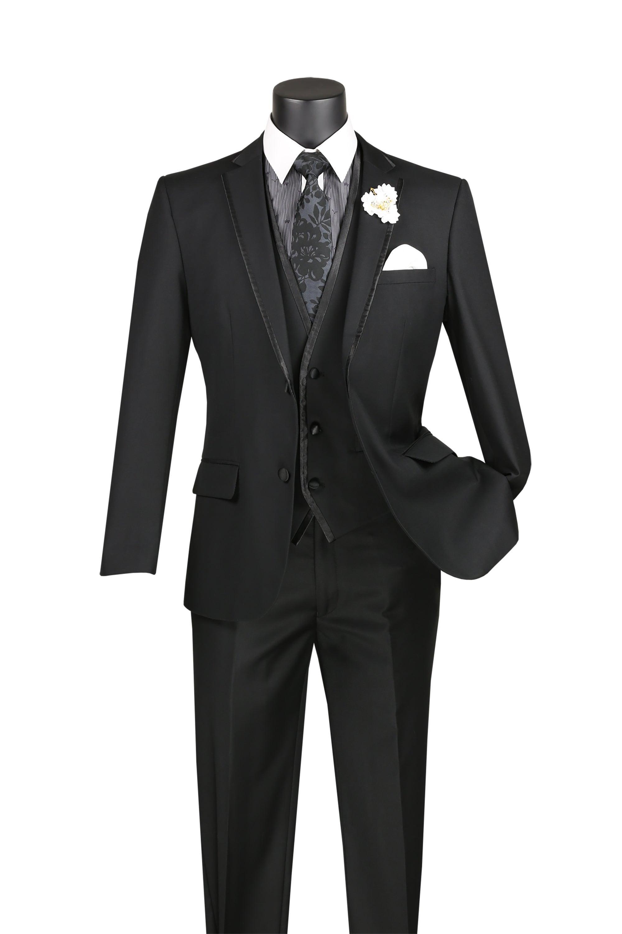 Black Trimmed Lapel Slim Fit 3 Piece Suit 1 SO1SV2T-8_BLACK_36S  - from alligatorwarehouse.com