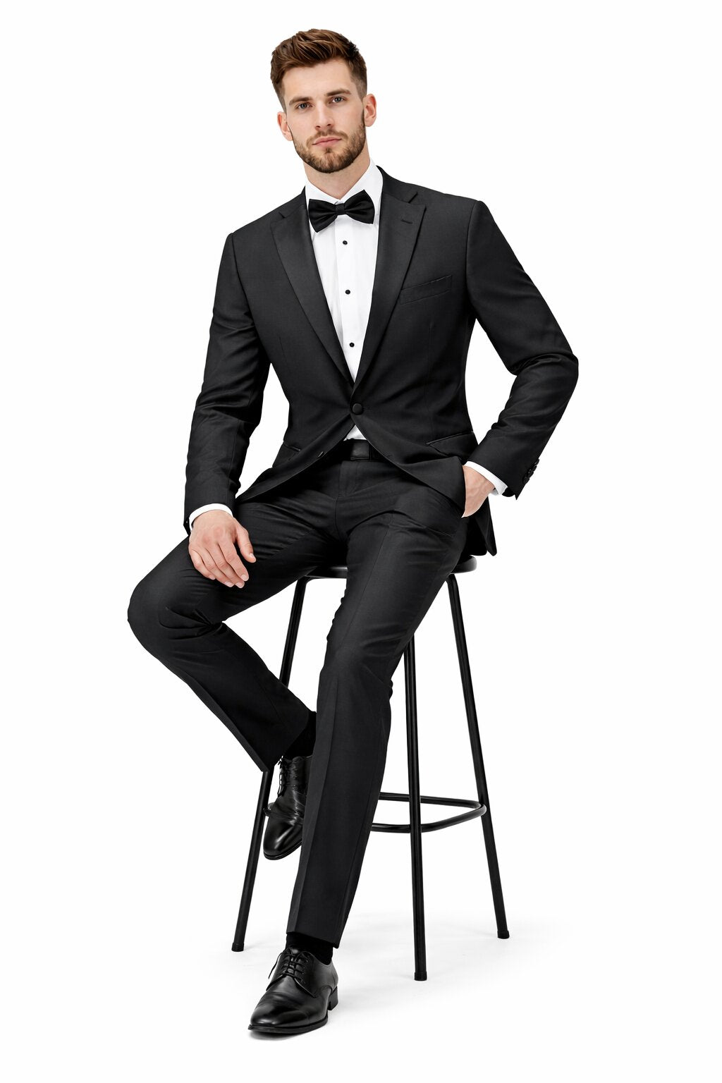 Mens Tiglio Modern Fit Black Wool Tuxedo – Classic Satin Lapel Formal Suit