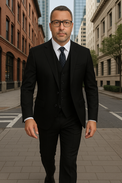 Wool Suit - Italian Made Business Suit by Statement Men's 3 Piece 100% Wool Fashion Suit - Herringbone Stripes 2 GARDA_Black_38R  - from alligatorwarehouse.com