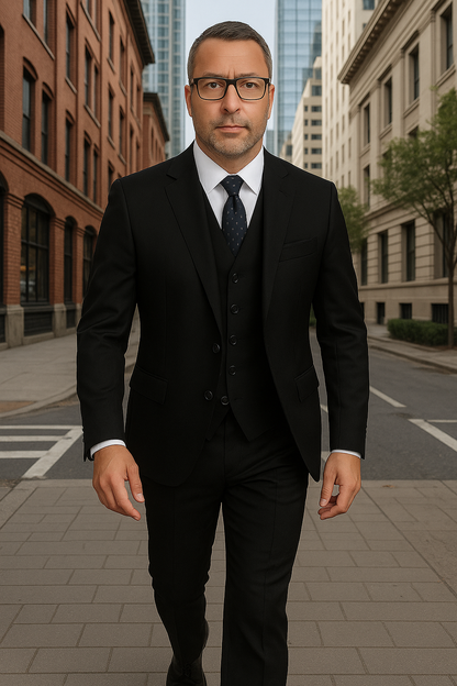 Wool Suit - Italian Made Business Suit by Statement Men's 3 Piece 100% Wool Fashion Suit - Herringbone Stripes