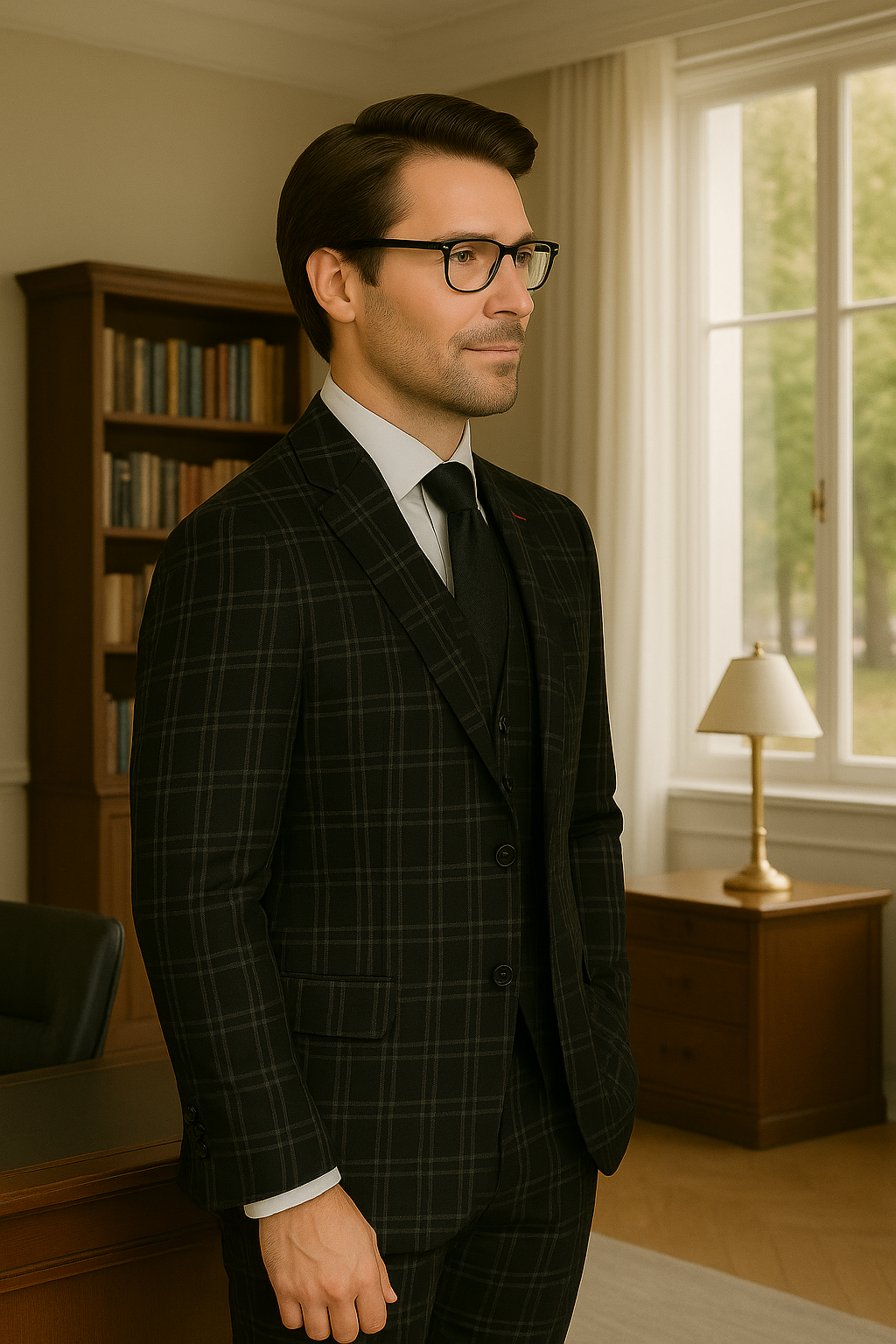 Wool Suit - Italian Made Business Suit by Statement Men's 3 Piece 100% Wool Modern Fit Suit - Plaid Pattern