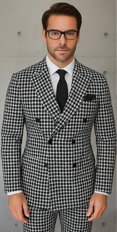Wool Suit - Italian Made Business Suit by Statement Men's 2 Piece 100% Wool Double Breasted Suit - Houndstooth Pattern 1 DBMASIMO_Black_38R  - from alligatorwarehouse.com