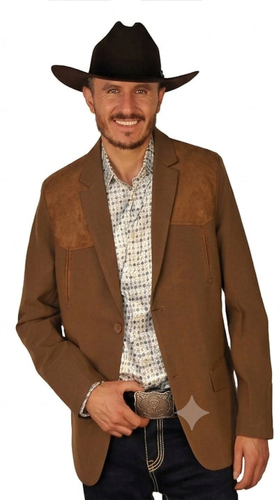 Men's Suede Cowboy Blazer Ultra Slim Fit Mens Western Blazer with Suede Shoulder in Color "Brown"