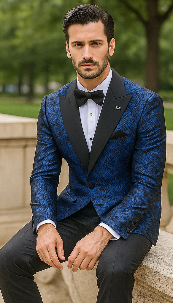 Blue Double Breasted Rough Streak Pattern Satin Peak Lapel Stacy Adams Men's Jacket 3   - from alligatorwarehouse.com