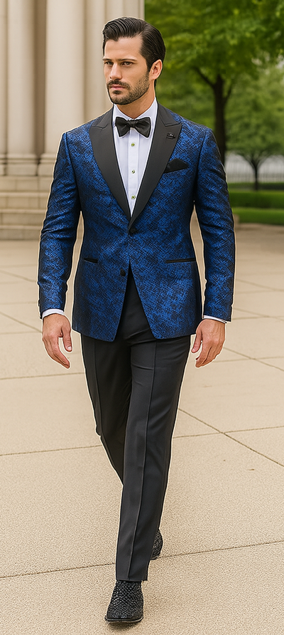 Blue Double Breasted Rough Streak Pattern Satin Peak Lapel Stacy Adams Men's Jacket 4   - from alligatorwarehouse.com