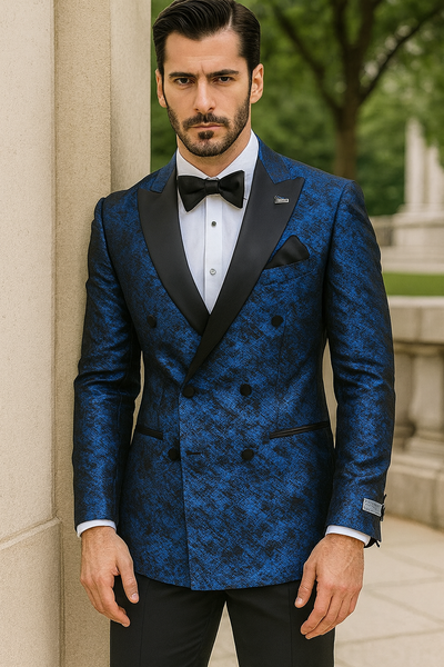 Blue Double Breasted Rough Streak Pattern Satin Peak Lapel Stacy Adams Men's Jacket 7   - from alligatorwarehouse.com