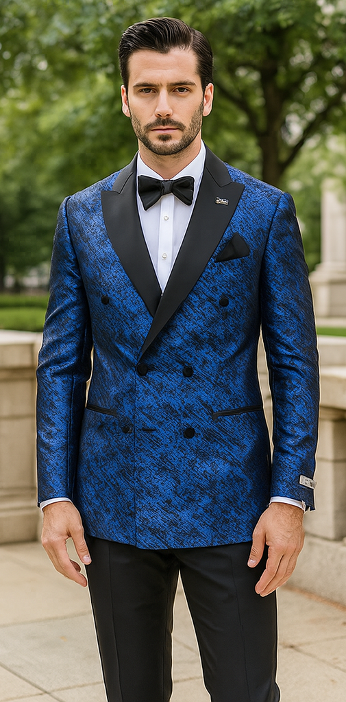 Blue Double Breasted Rough Streak Pattern Satin Peak Lapel Stacy Adams Men's Jacket 1   - from alligatorwarehouse.com