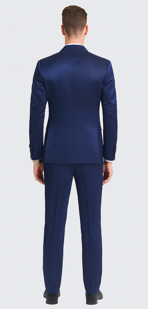 Tazzio Men's Blue Satin Double Breasted 3-Piece Skinny Fit Suit with Peak Lapel Vest & Matching Bowtie – Formal Tuxedo Style