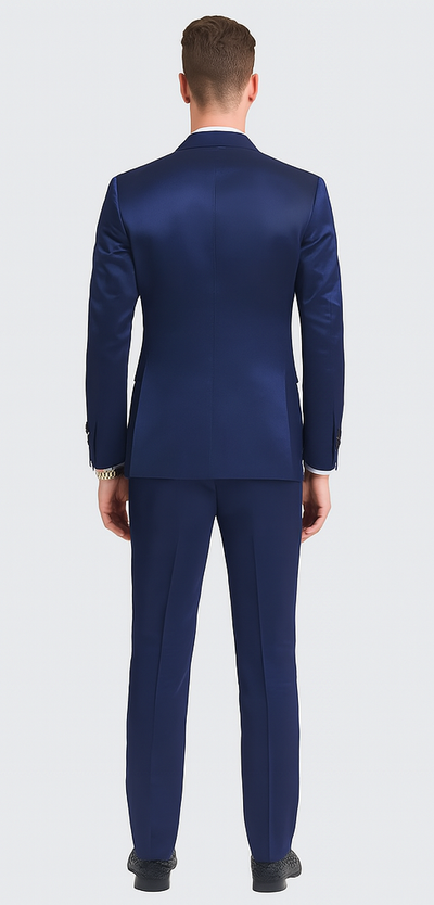 Tazzio Men's Blue Satin Double Breasted 3-Piece Skinny Fit Suit with Peak Lapel Vest & Matching Bowtie – Formal Tuxedo Style 3 M390SK-05-38R  - from alligatorwarehouse.com
