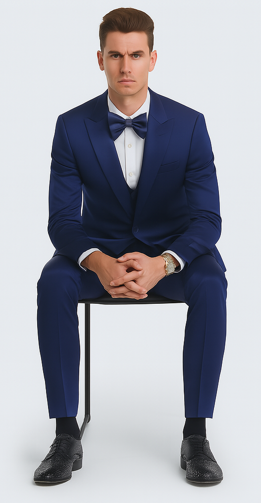 Tazzio Men's Blue Satin Double Breasted 3-Piece Skinny Fit Suit with Peak Lapel Vest & Matching Bowtie – Formal Tuxedo Style