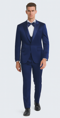 Tazzio Men's Blue Satin Double Breasted 3-Piece Skinny Fit Suit with Peak Lapel Vest & Matching Bowtie – Formal Tuxedo Style