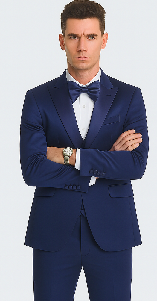 Tazzio Men's Blue Satin Double Breasted 3-Piece Skinny Fit Suit with Peak Lapel Vest & Matching Bowtie – Formal Tuxedo Style