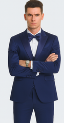 Tazzio Men's Blue Satin Double Breasted 3-Piece Skinny Fit Suit with Peak Lapel Vest & Matching Bowtie – Formal Tuxedo Style